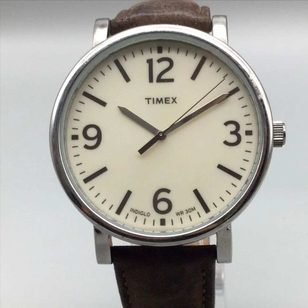 Timex Indiglo WR 30M Mens Watch 42mm Cream Dial Brown Leather T2P526 New Battery